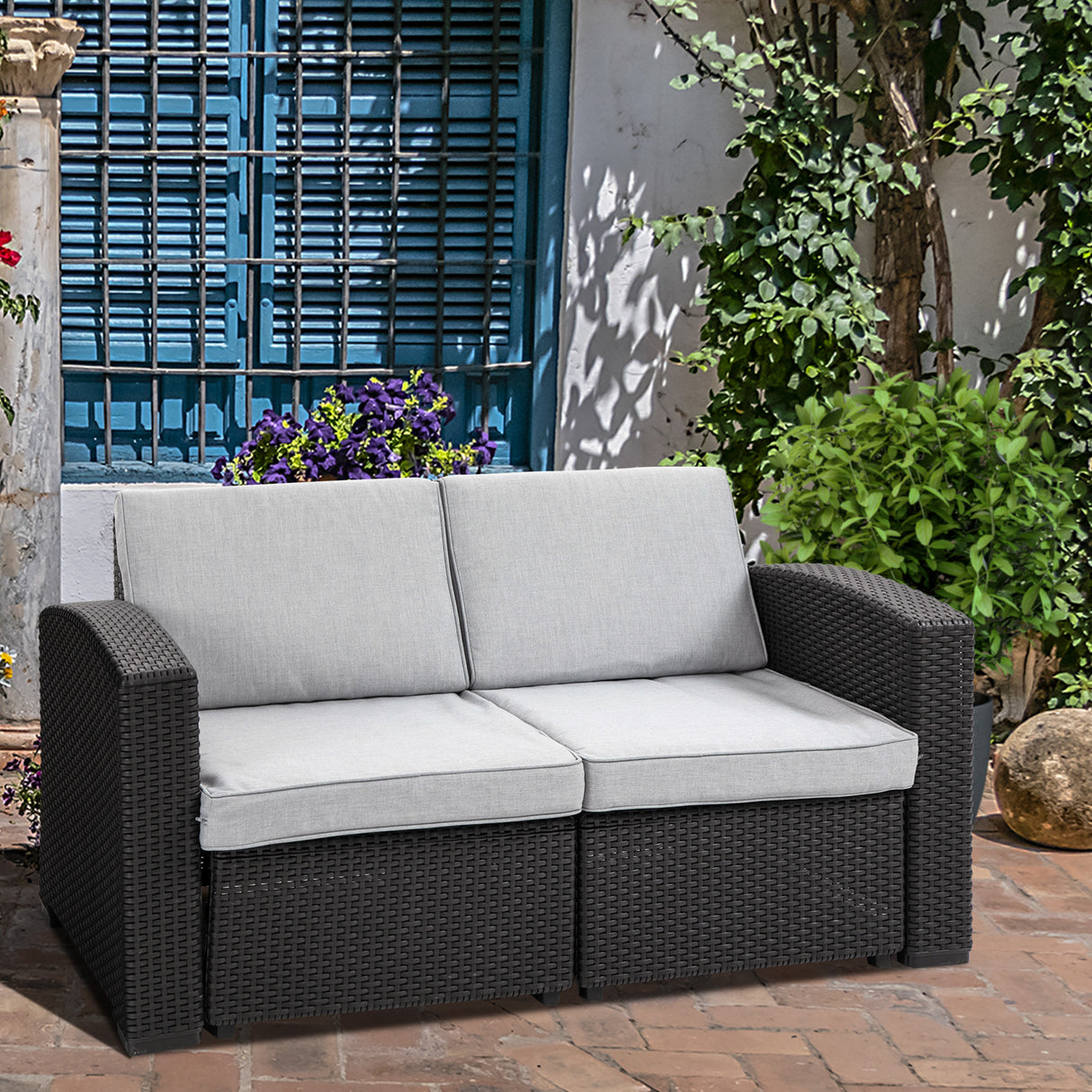 easycomfort easycomfort divano da esterno a 2 posti da in pp plastica ad effetto rattan divano da giardino con cuscini rimovibili e lavabili grigio e nero