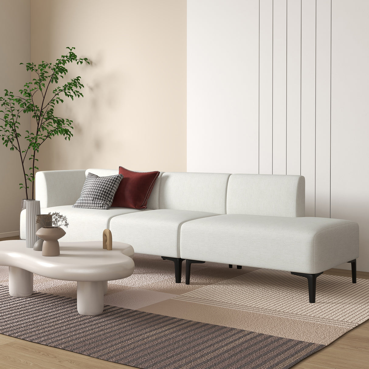 easycomfort easycomfort divano moderno modulabile a 3 sezioni in tessuto con gambe in acciaio 250x75x70cm crema