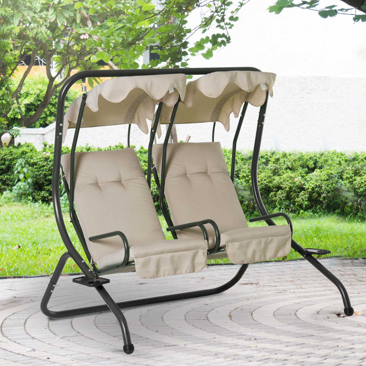 easycomfort easycomfort dondolo da giardino 2 posti con tettuccio parasole e vassoio porta bevande in acciaio beige