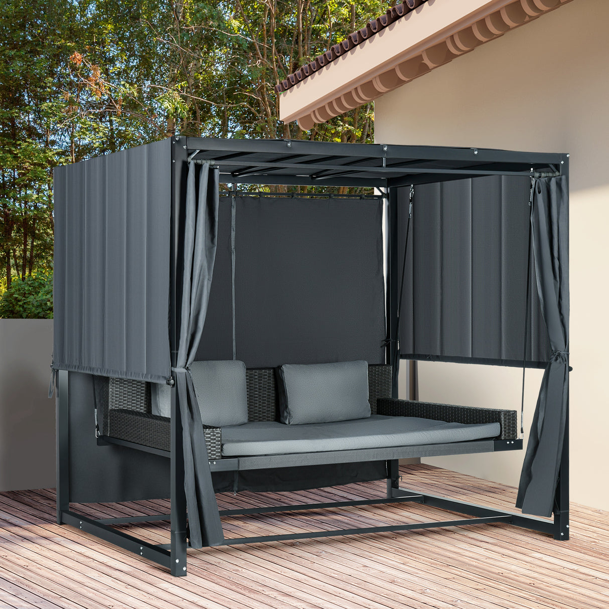 easycomfort easycomfort dondolo letto e pergola 3 in 1 con tetto regolabile e tende acciaio e rattan pe 235x150x210cm grigio scuro