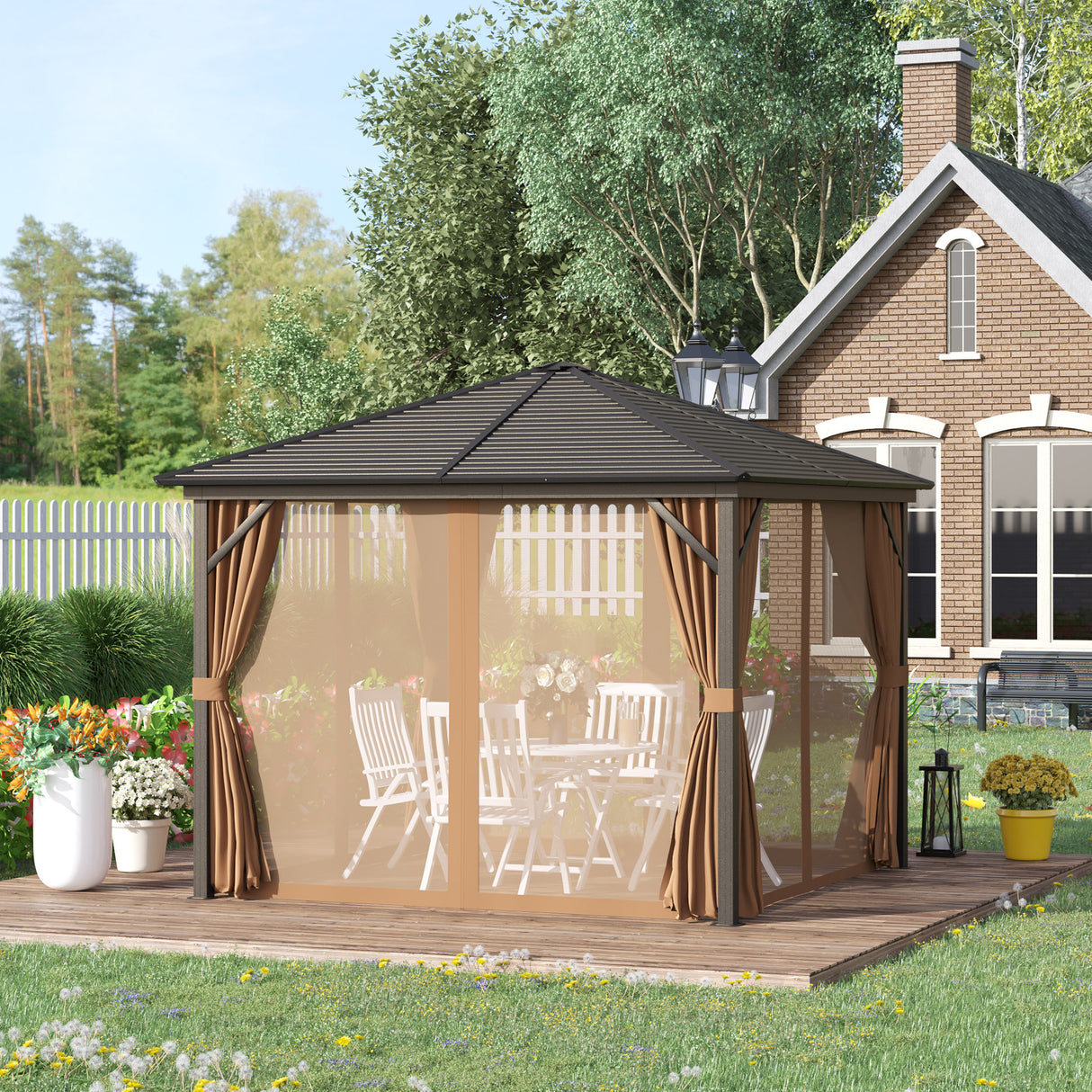 easycomfort easycomfort gazebo da giardino 3x3m in alluminio con zanzariera tende laterali e tetto rigido marrone
