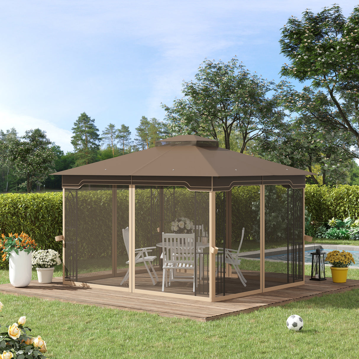 easycomfort easycomfort gazebo da giardino con zanzariera doppio tetto e struttura metallo 3 7x3m marrone e beige