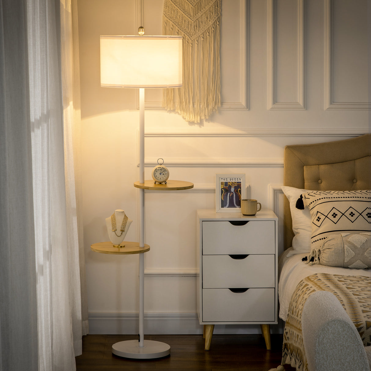 easycomfort easycomfort lampada da terra a piantana con 2 mensole e paralume in tessuto 40x163cm bianco