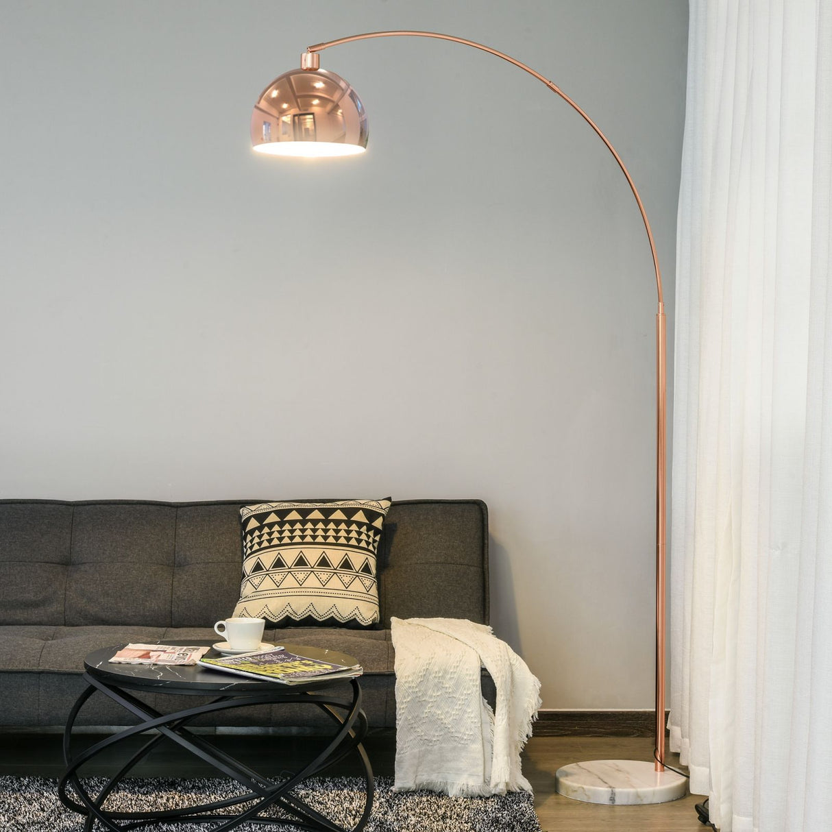 easycomfort easycomfort lampada da terra ad arco con paralume regolabile in acciaio color rame e base rotonda in marmo ean 8055776914558