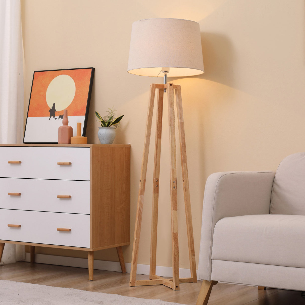 easycomfort easycomfort lampada da terra con base in legno e paralume in tessuto e27 40w 44x149cm biancolegno