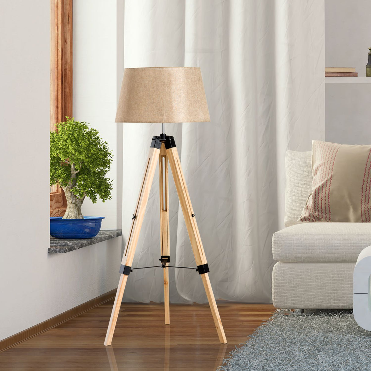 easycomfort easycomfort lampada da terra design con treppiede in legno altezza regolabile beige ean 8054111848572