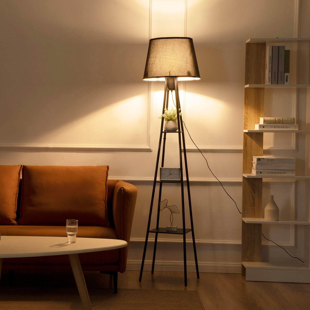 easycomfort easycomfort lampada da terra di design con 3 mensole e interruttore a pedale attacco e27 e struttura in metallo 35x35x173cm nero