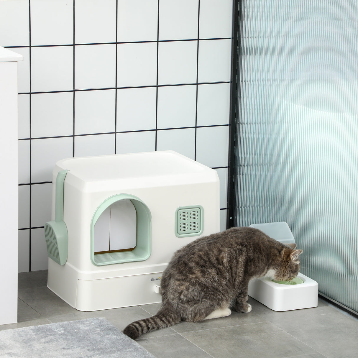 easycomfort easycomfort lettiera coperta per gatti e fontanella vassoio e paletta 50x40x40cm verde e bianca