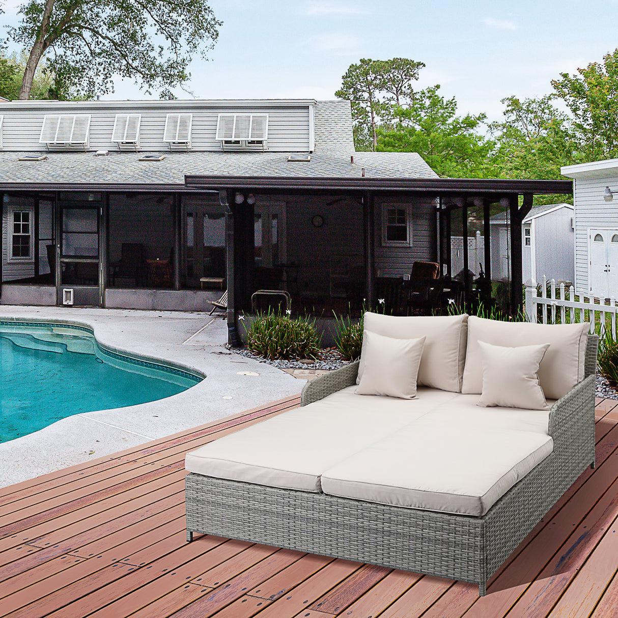 easycomfort easycomfort lettino prendisole sdraio da giardino 2 posti in rattan pe struttura in acciaio con braccioli e cuscini imbottiti 158x134x70cm grigio