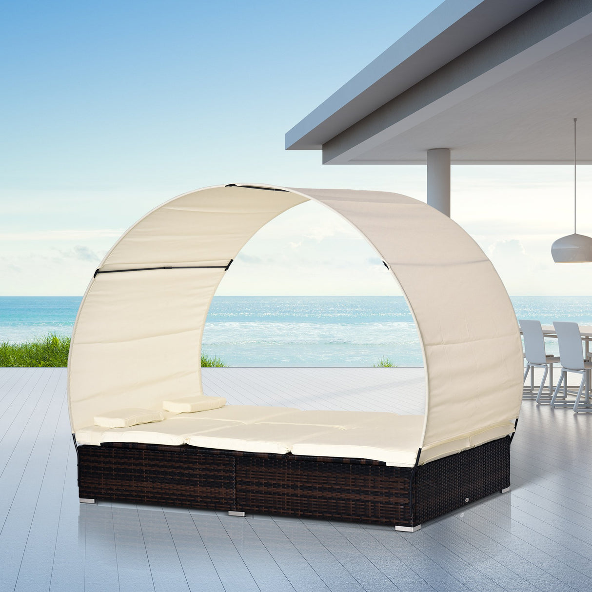 easycomfort easycomfort lettino sdraio da giardino doppia con tettuccio e schienale reclinabile in rattan pe marrone ecrema