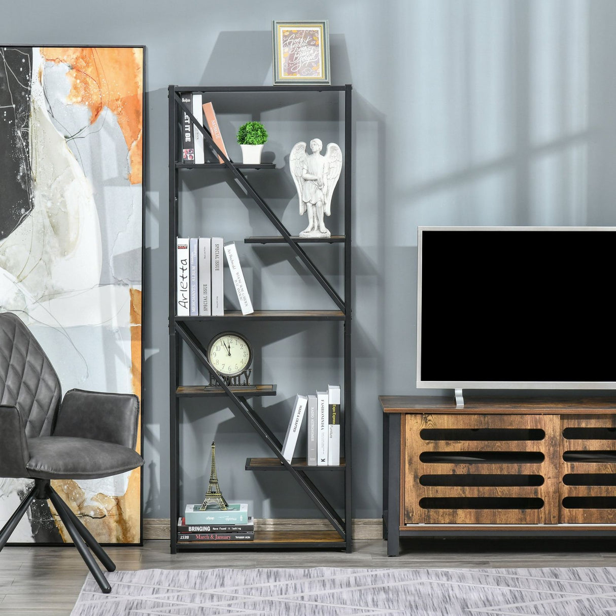easycomfort easycomfort libreria a muro design asimmetrico 6 ripiani marrone nero