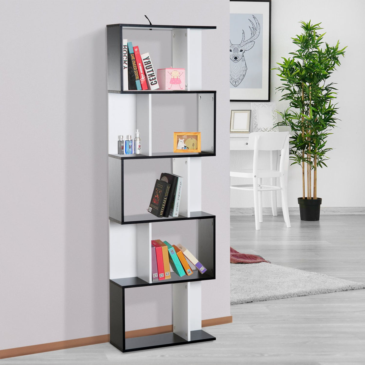 easycomfort easycomfort libreria da muro moderna 5 ripiani in legno bianco e nero 60x24x184 5cm ean 8054111843331
