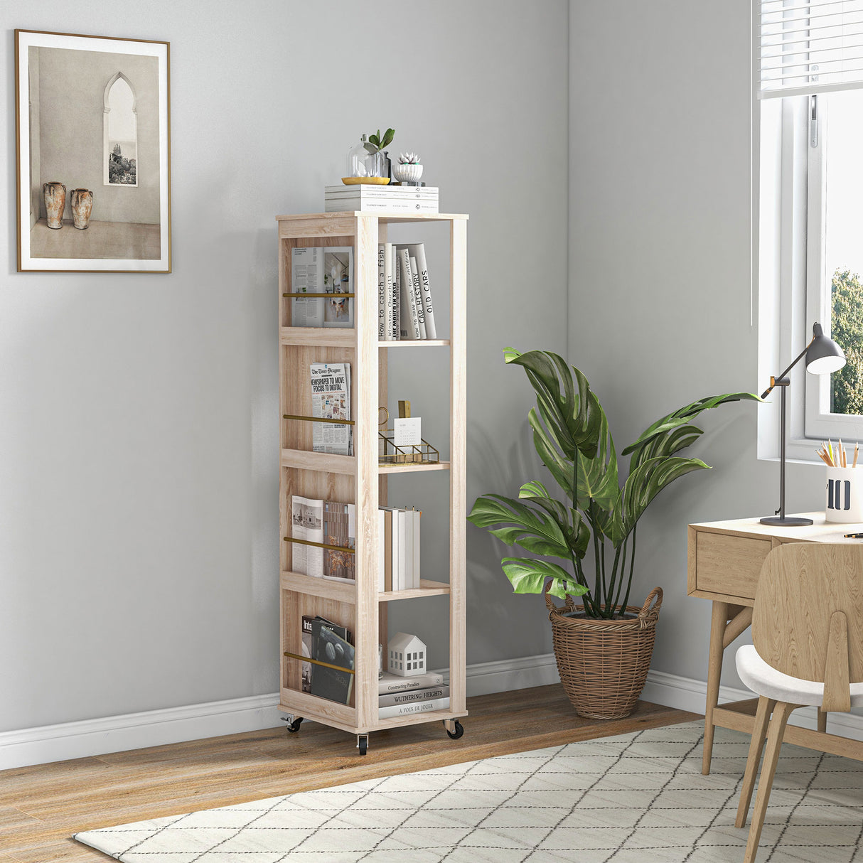 easycomfort easycomfort libreria portariviste moderna a 4 ripiani in legno con rotelle 40x40x150cm quercia