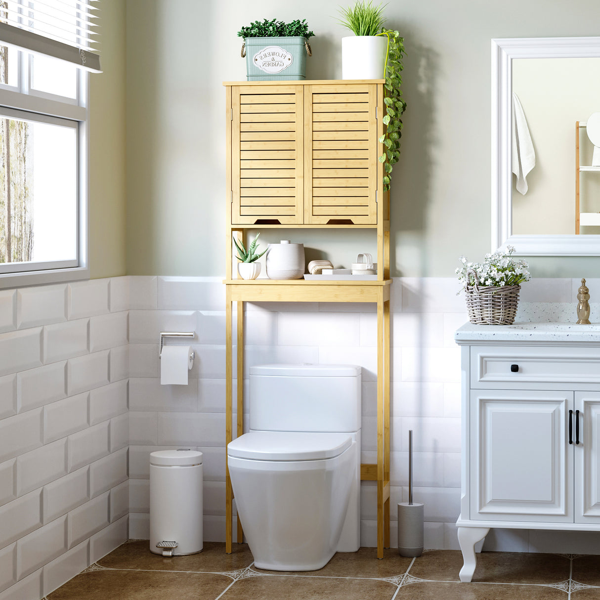 easycomfort easycomfort mobile bagno sopra wc salvaspazio in bambu scaffale per lavatrice con armadietto a 2 ante 60x23x173cm