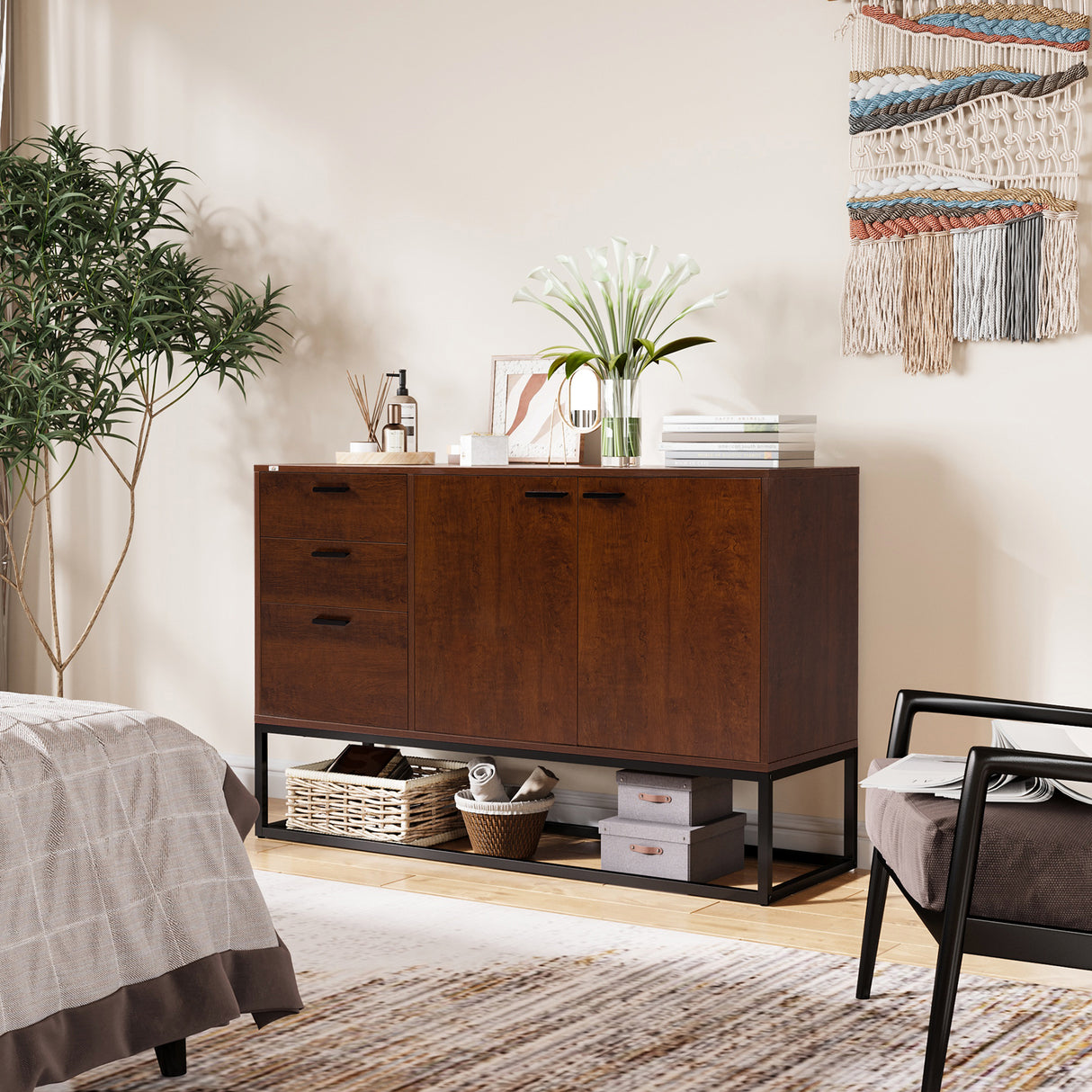 easycomfort easycomfort mobile buffet stile industriale con armadietto 2 ante e 3 cassetti 120x40x83cm marrone