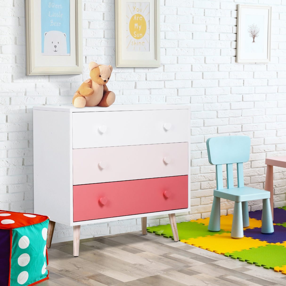 easycomfort easycomfort mobile cassettiera con gambe in legno di pino 3 cassetti bianco e rosa 90 x 42 x 80cm