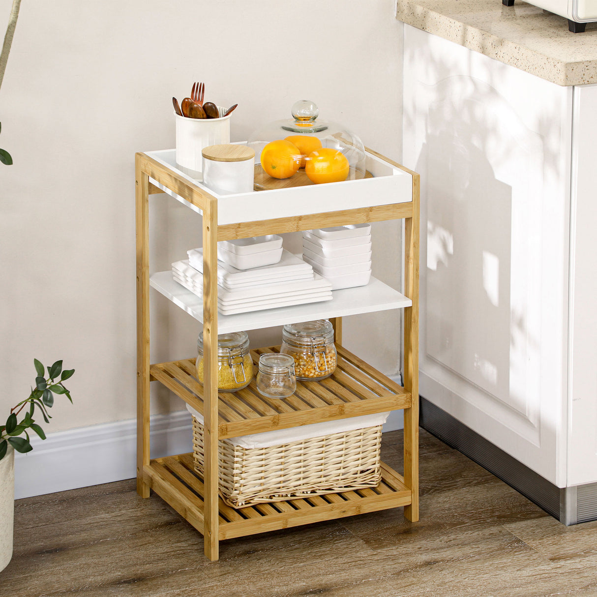 easycomfort easycomfort mobile con scaffali in bambu e mdf con vassoio removibile 42 8x33x70cm bianco e color legno