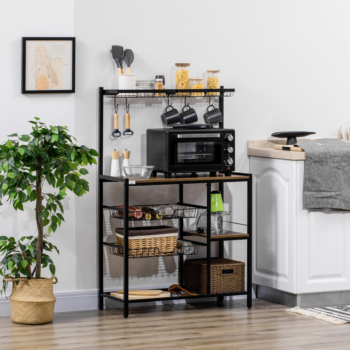 easycomfort easycomfort mobile cucina con 5 ganci 3 ripiani e 4 cestelli in mdf e acciaio 83 5x39x133 cm marrone