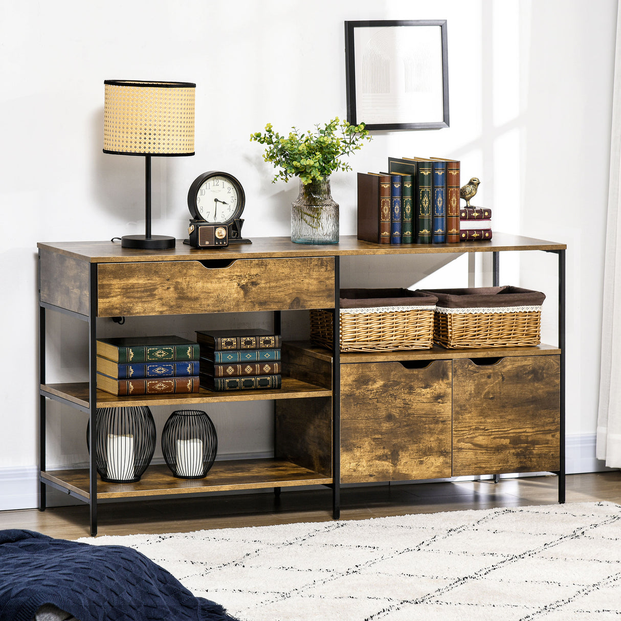 easycomfort easycomfort mobile in stile industriale con cassetto e armadietto in legno e acciaio 147x40x77cm marrone