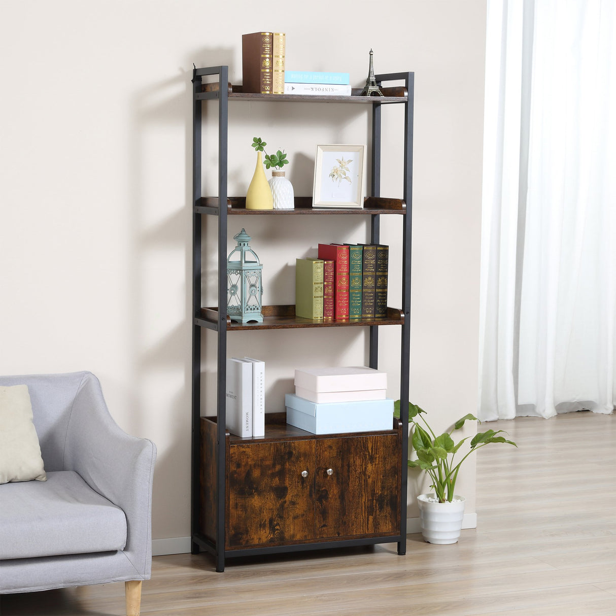 easycomfort easycomfort mobile libreria 4 ripiani con armadietto a 2 ante libreria scaffale in stile industriale per casa e ufficio 75x30x180cm marrone