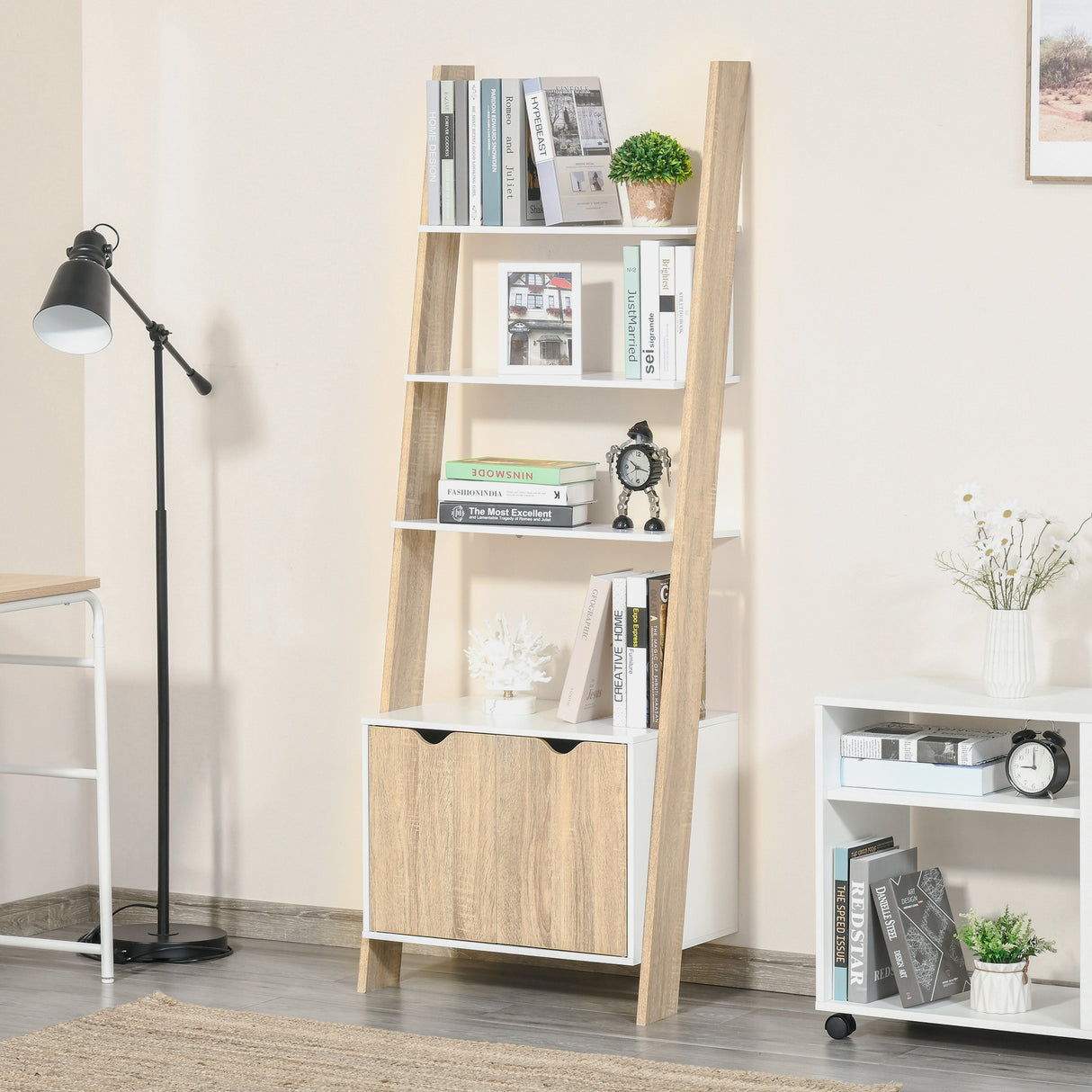 easycomfort easycomfort mobile libreria a scala con 3 mensole e armadietto scaffale moderno stile nordico in legno 60x40x171cm rovere e bianco