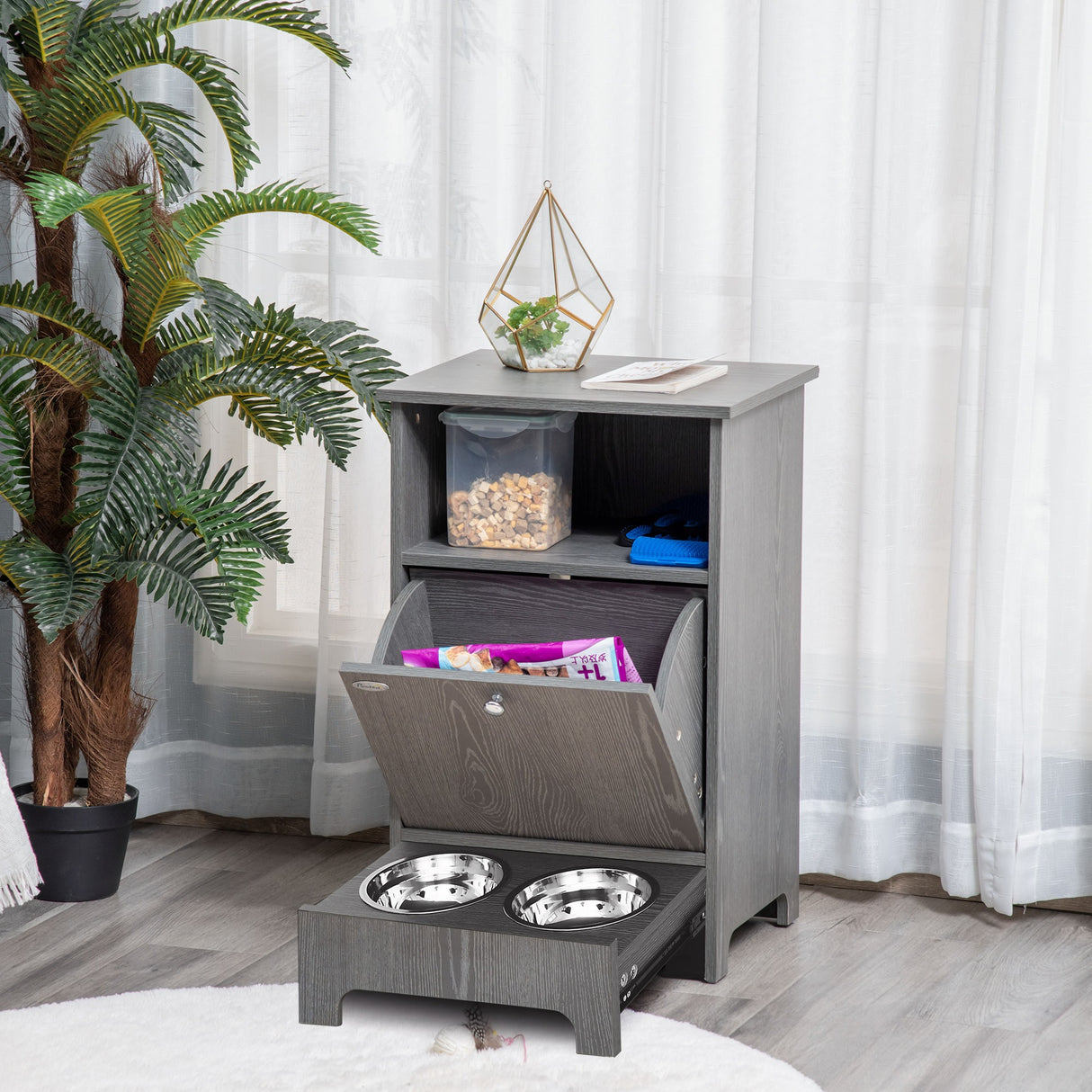 easycomfort easycomfort mobile multiuso con ciotole per cani e gatti in acciaio mobiletto in legno con anta e vano aperto grigio