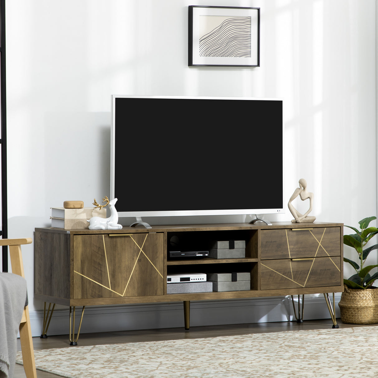 easycomfort easycomfort mobile porta tv da 55 con armadietto e cassetti in legno e acciaio 150x39x50 8cm legno e oro