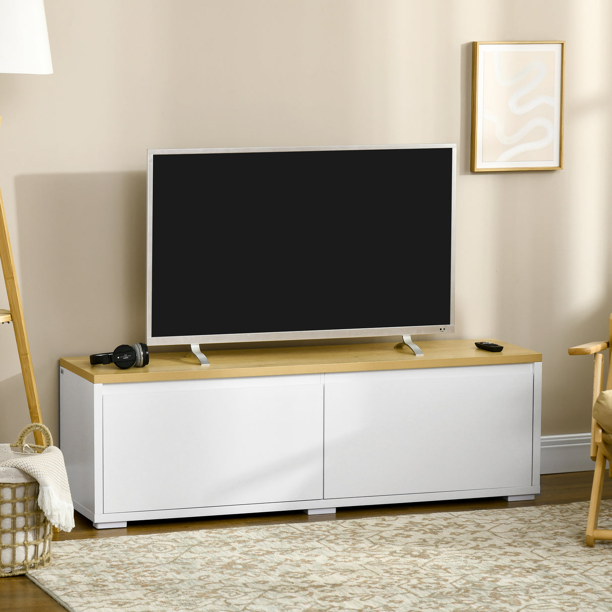 easycomfort easycomfort mobile porta tv fino a 65 con armadietti e ante a ribalta in truciolato 140x37x45cm bianco e color legno
