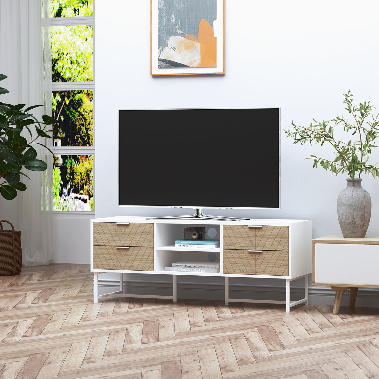 easycomfort easycomfort mobile porta tv in legno per televisioni 32 47 120x39x48cm bianco e rovere