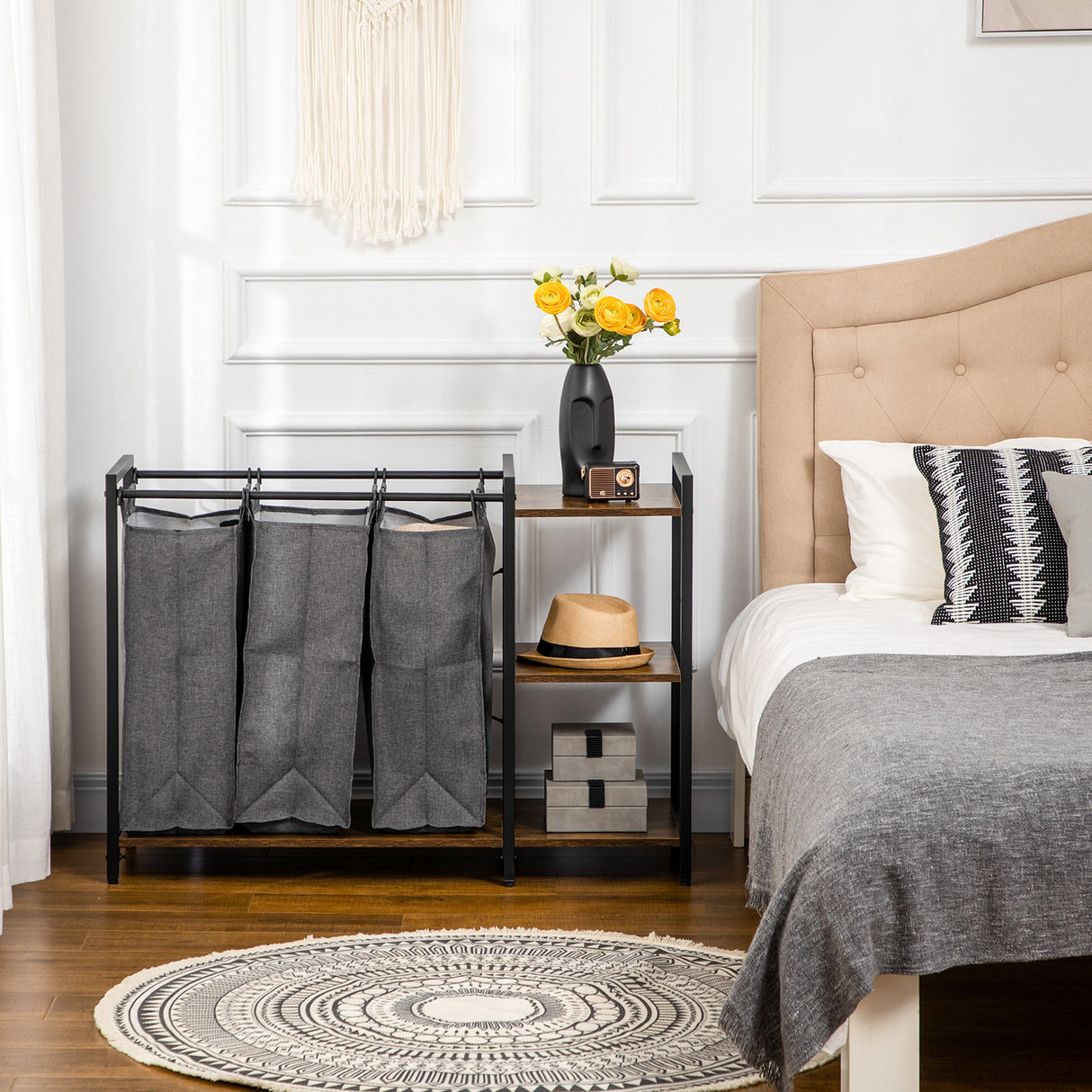 easycomfort easycomfort mobile portabiancheria in stile industriale con 3 sacchi in tessuto e 3 ripiani 106x40x75cm