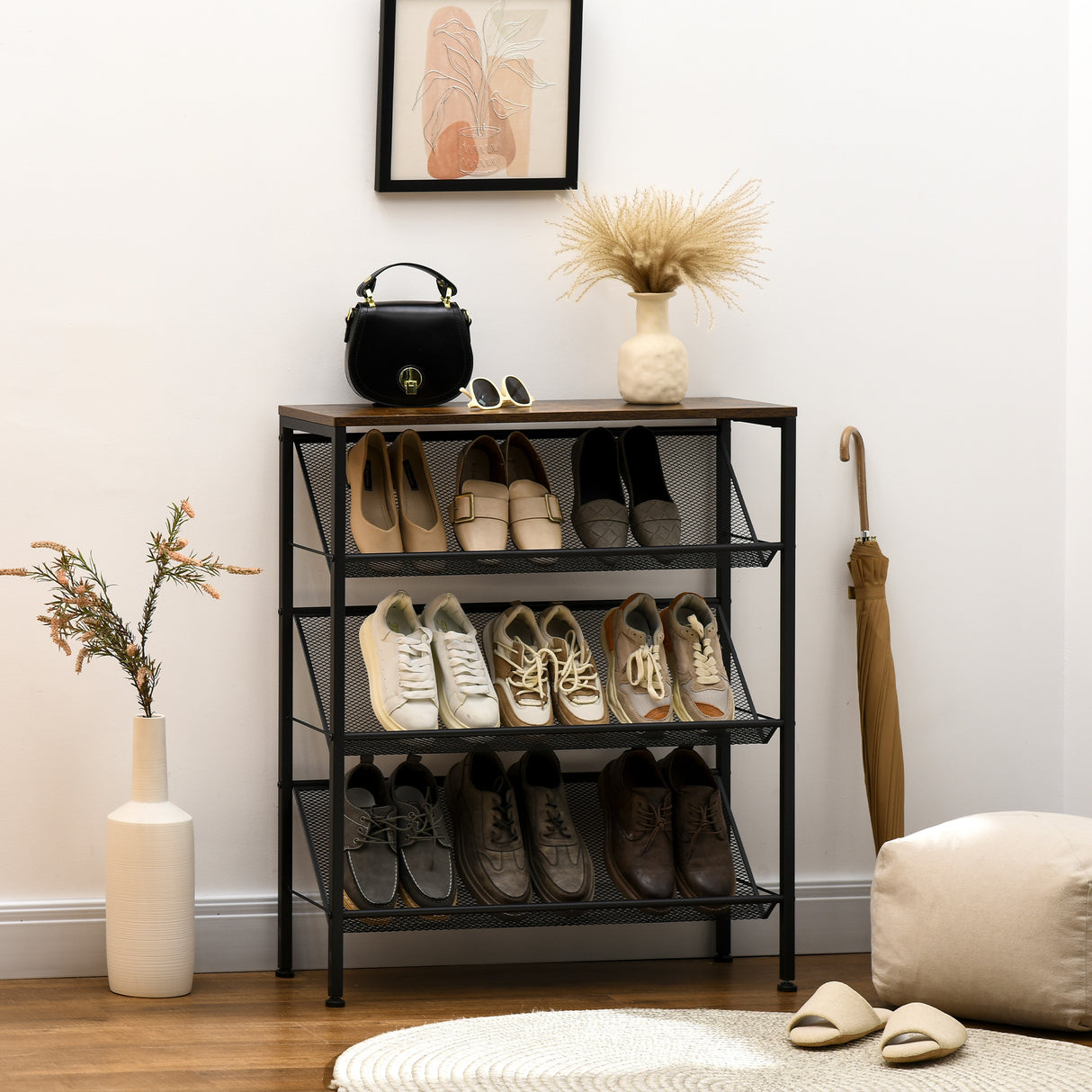 easycomfort easycomfort mobile scarpiera da ingresso con 3 ripiani e piano dappoggio in acciaio e truciolato 70x26x89 cm nero