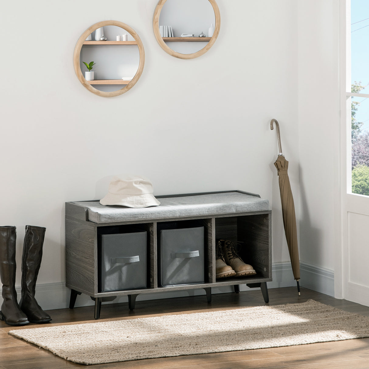 easycomfort easycomfort mobile scarpiera da ingresso in truciolato e metallo con 3 ripiani aperti 2 cassetti e seduta imbottita 90x34x48 cm grigio