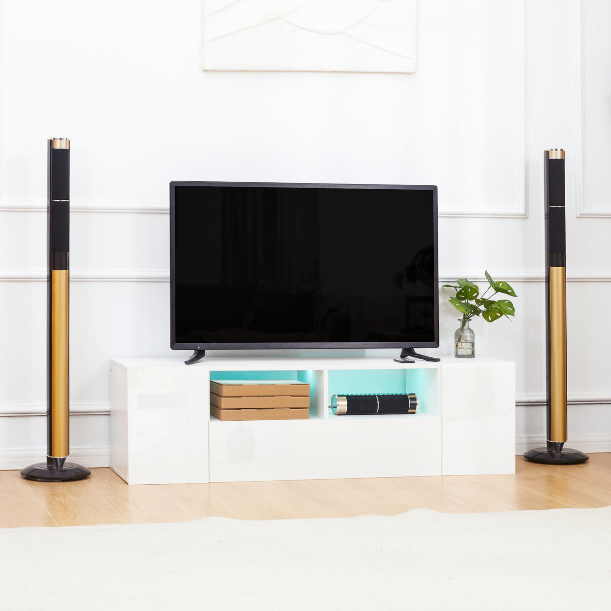 easycomfort easycomfort mobile tv 60 max in truciolato con 3 ripiani 2 armadietti e luci led 137x35x42 cm bianco lucido