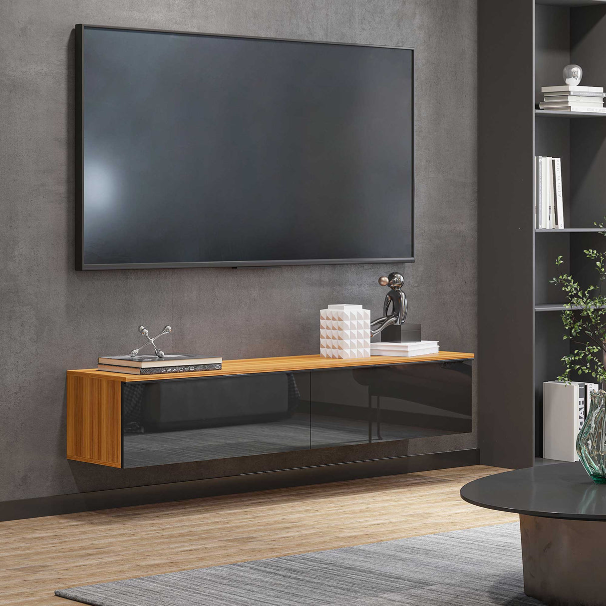 easycomfort easycomfort mobile tv con design lucido a parete e credenze chiuse in truciolato 160x35x30 cm marrone e nero