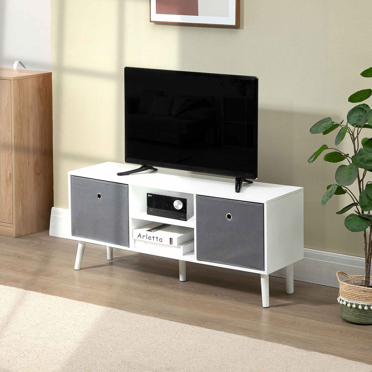 easycomfort easycomfort mobile tv fino a 50 con 2 cassetti removibili e 2 ripiani aperti 110x29x46 5cm bianco e grigio