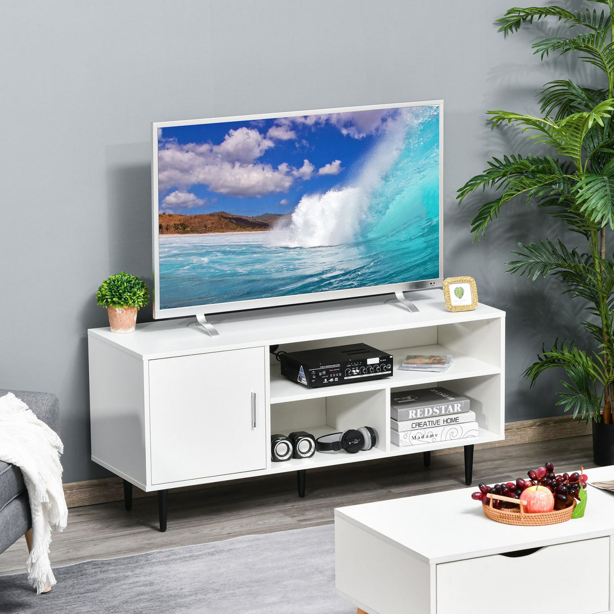 easycomfort easycomfort mobile tv fino a 60 con armadietto e 3 ripiani in legno mdf bianco 120x40x55cm