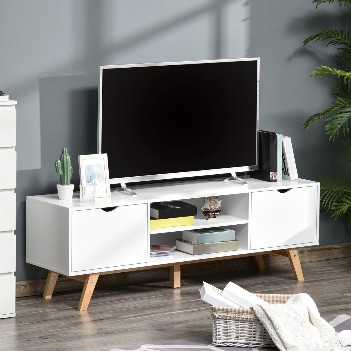 easycomfort easycomfort mobile tv max 65 in truciolato e mdf bianco con 2 credenze laterali 2 ripiani centrali 150x39x50 cm