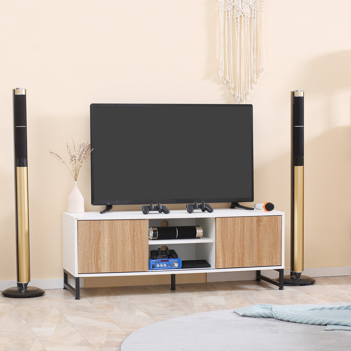 easycomfort easycomfort mobile tv moderno 50 max in truciolato e acciaio con 2 ripiani aperti e 2 armadietti chiusi 120x39 5x45 cm