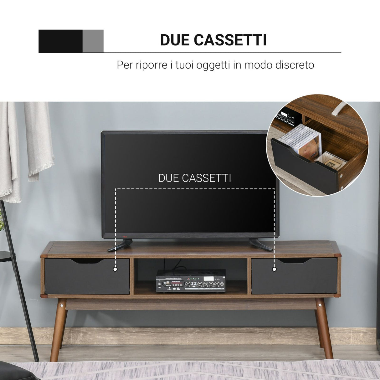easycomfort easycomfort mobile tv moderno con 2 cassetti per tv fino a 50 stile nordico in legno 122x39x46cm teak e nero