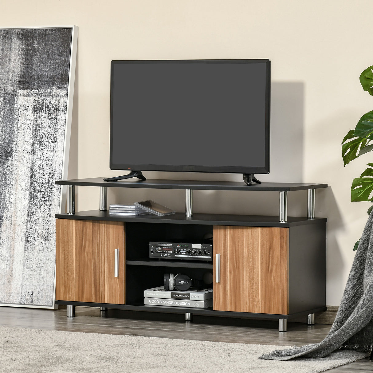 easycomfort easycomfort mobile tv moderno con 2 ripiani fori passacavi e 2 armadietti in mdf 105x40x55cm neromarrone