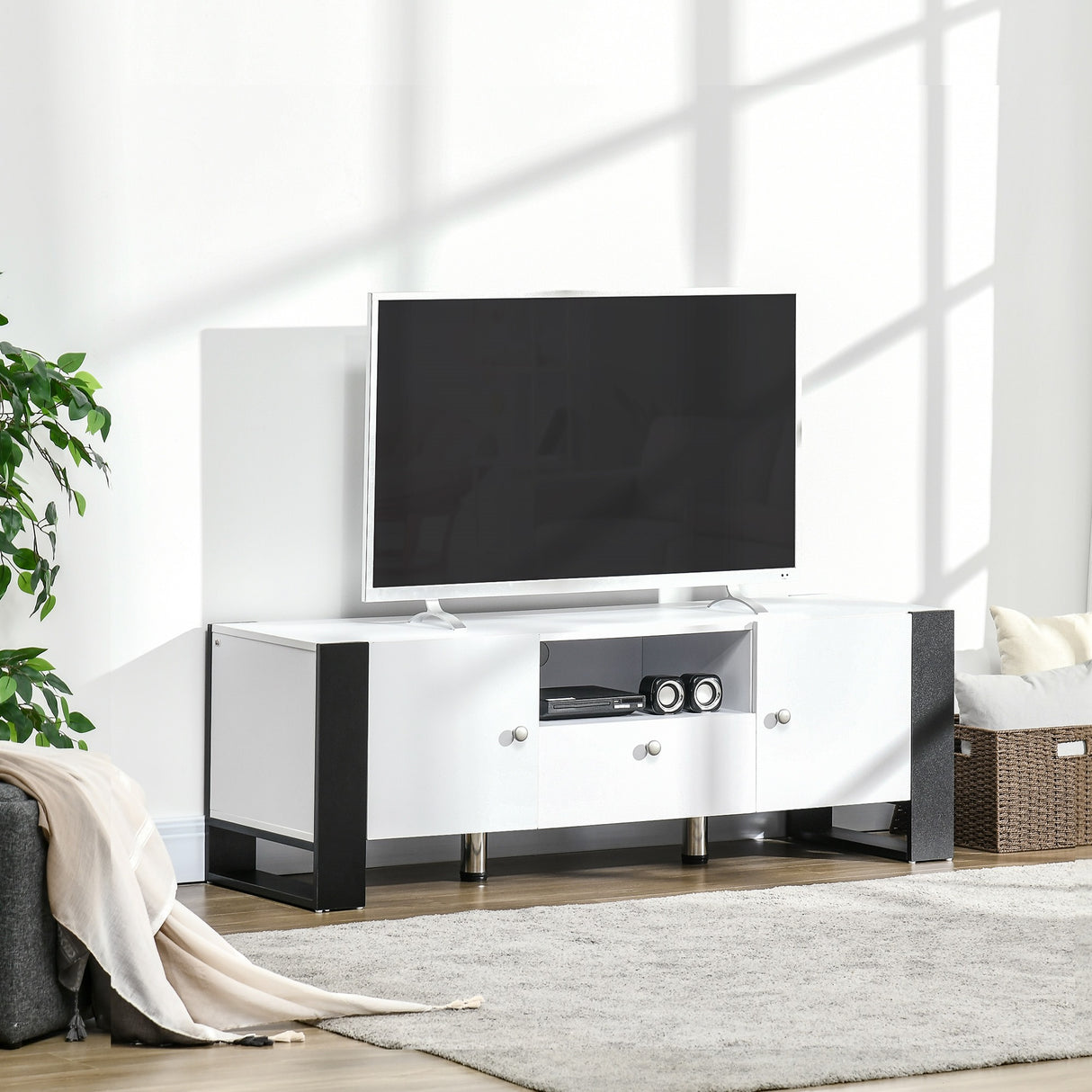 easycomfort easycomfort mobile tv moderno con armadietti cassetto e mensola per tv fino 65 140x43x48cm bianco e nero