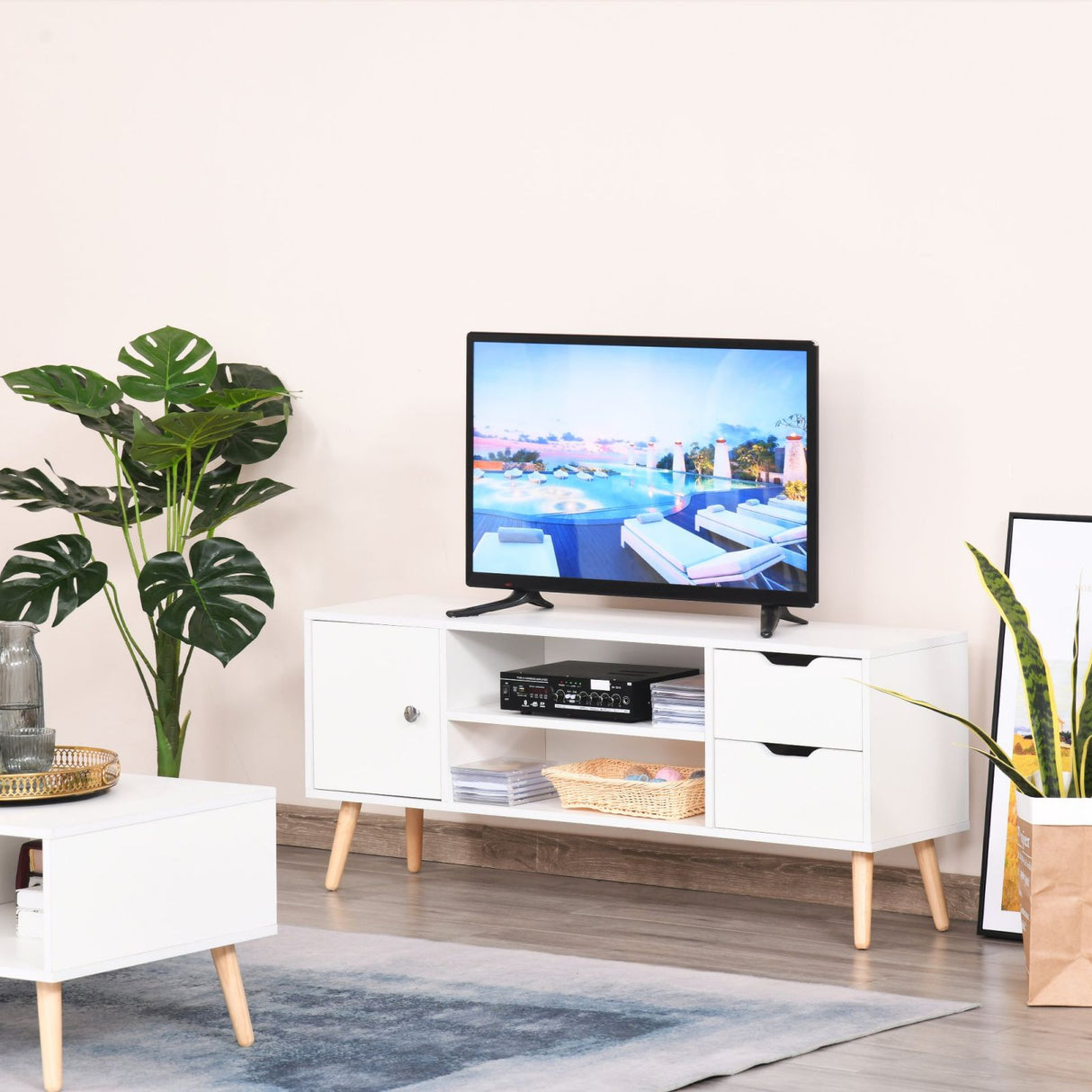 easycomfort easycomfort mobile tv moderno in legno bianco con piedini per tv max 42 120x28x44cm