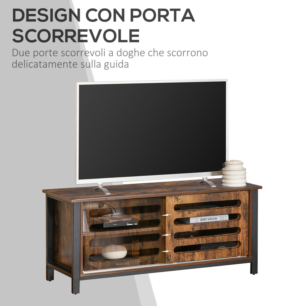 easycomfort easycomfort mobile tv moderno in stile industriale per tv fino 50 4 vani e anta scorrevole 120x42x52cm marrone e nero ean 8055776915425