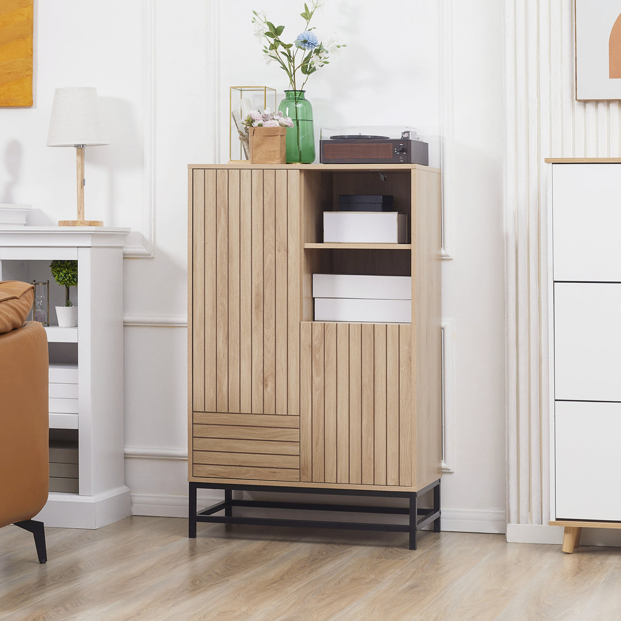 easycomfort easycomfort mobiletto moderno da soggiorno a coste con cassetto 2 armadietti e 2 ripiani aperti 75x40x120 cm