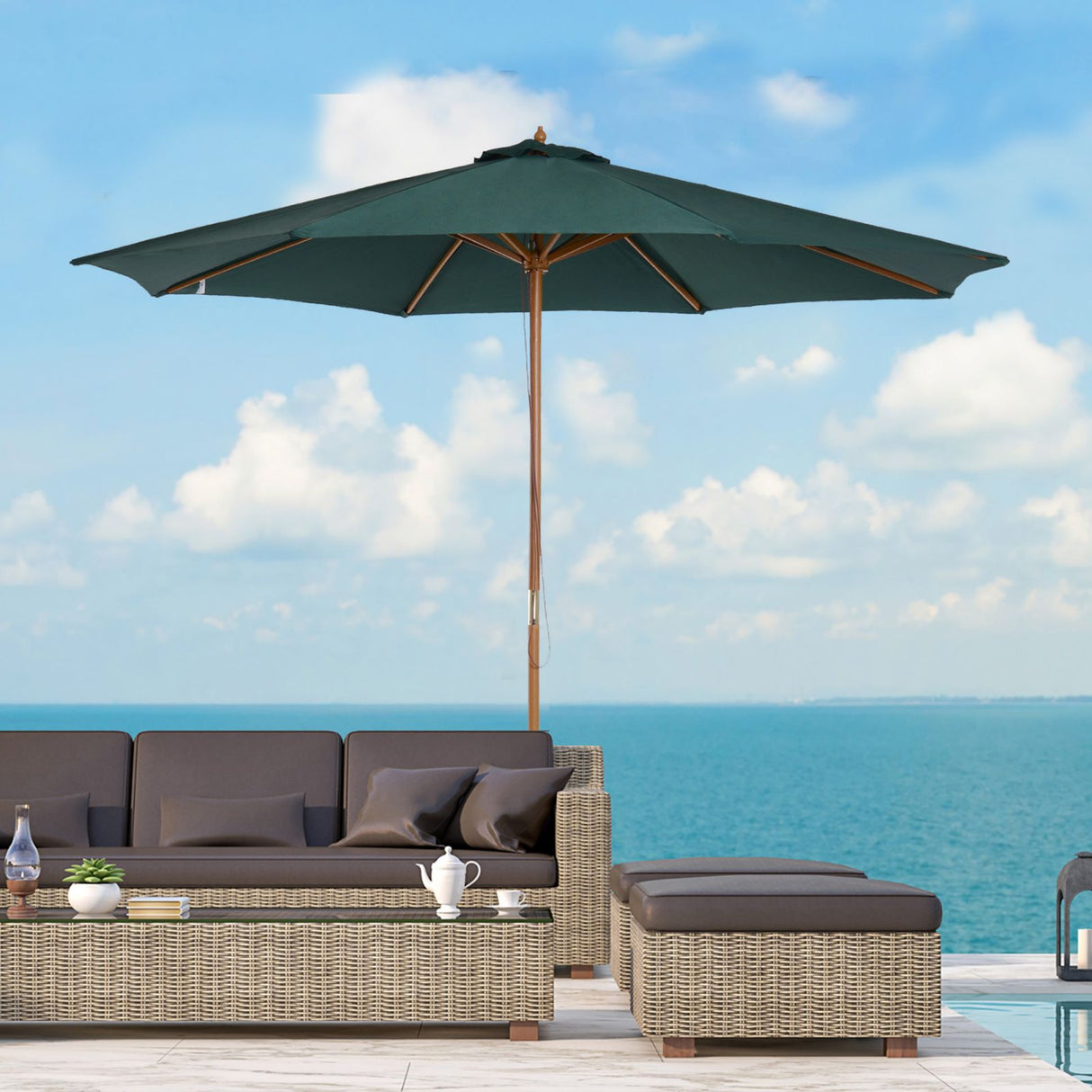 easycomfort easycomfort ombrellone da giardino 300 x 250acm con apertura a corda 8 stecche e palo in legno verde scuro