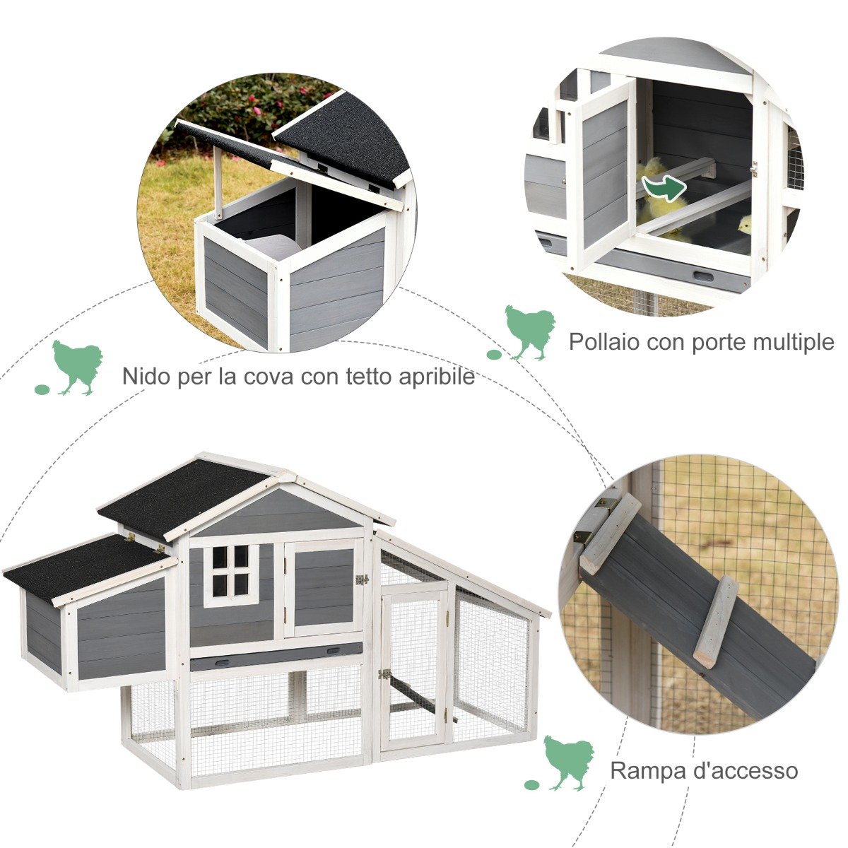 easycomfort easycomfort pollaio in legno da esterno con casetta per galline e area aperta recintata 176 5x65 5x100cm grigio ean 8055776915470