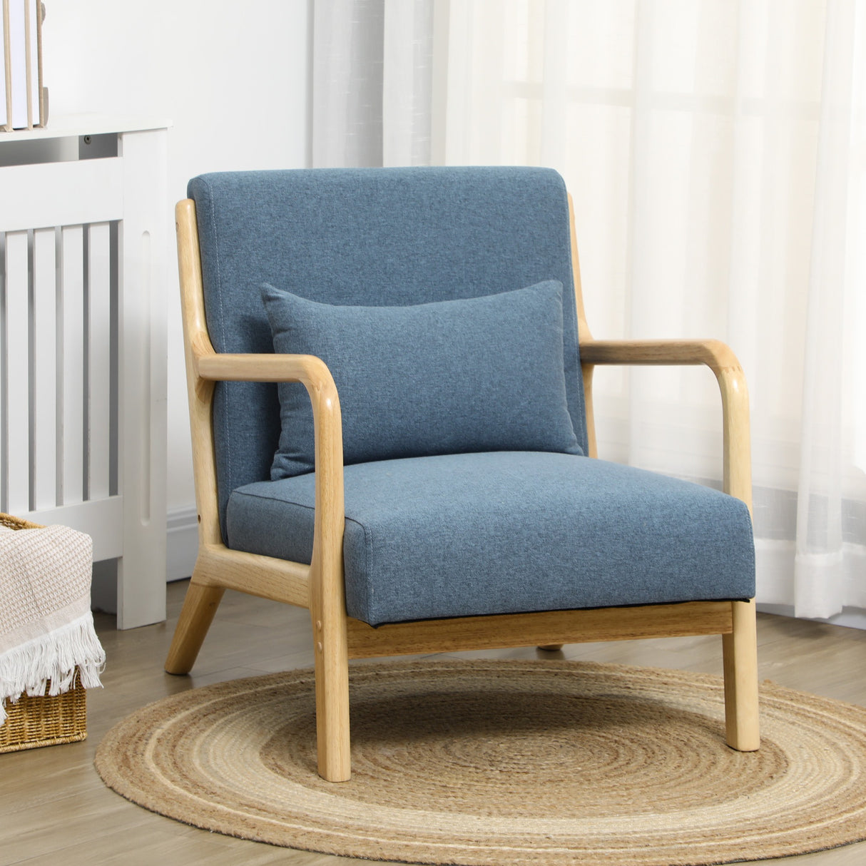 easycomfort easycomfort poltroncina in stile nordico in legno tessuto effetto lino e cuscino extra 66x80x77 5cm blu