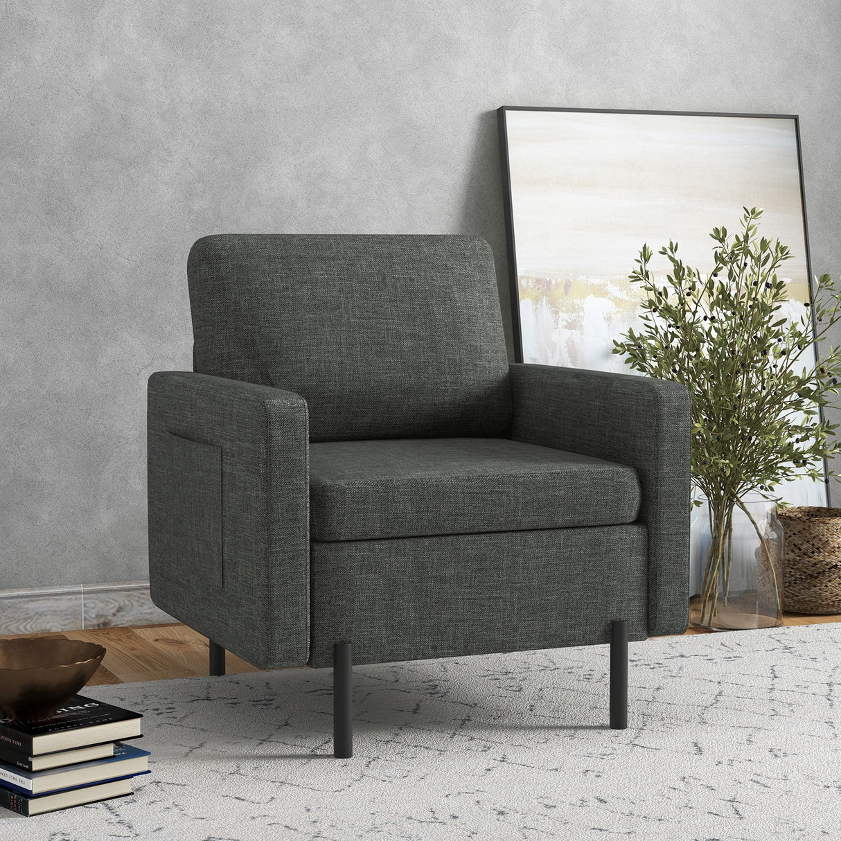 easycomfort easycomfort poltroncina moderna con tessuto effetto lino gambe in acciaio e tasche laterali 73x79x87cm grigio