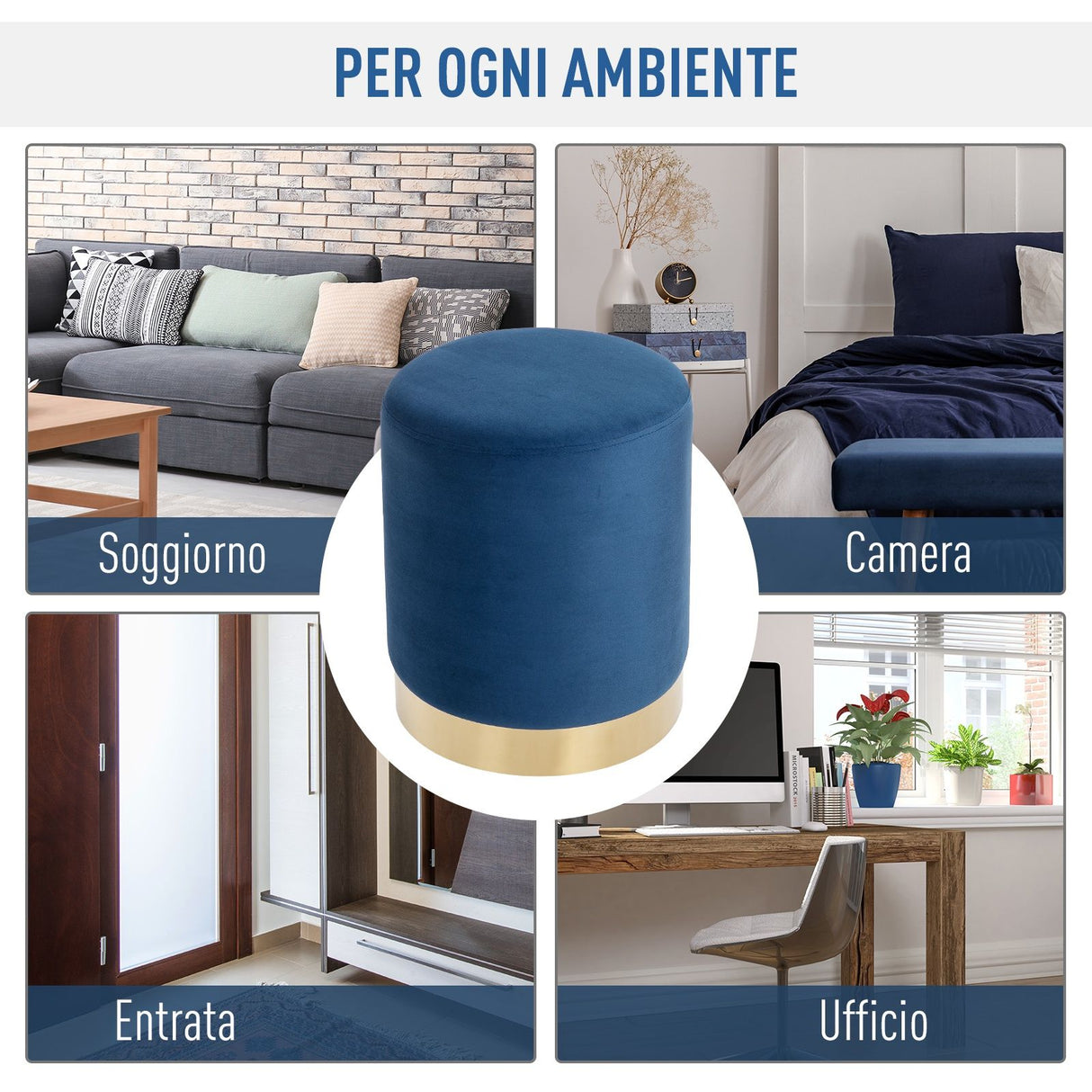 easycomfort easycomfort pouf poggiapiedi di design rotondo in velluto blu con base oro 36x42cm ean 8054144131054