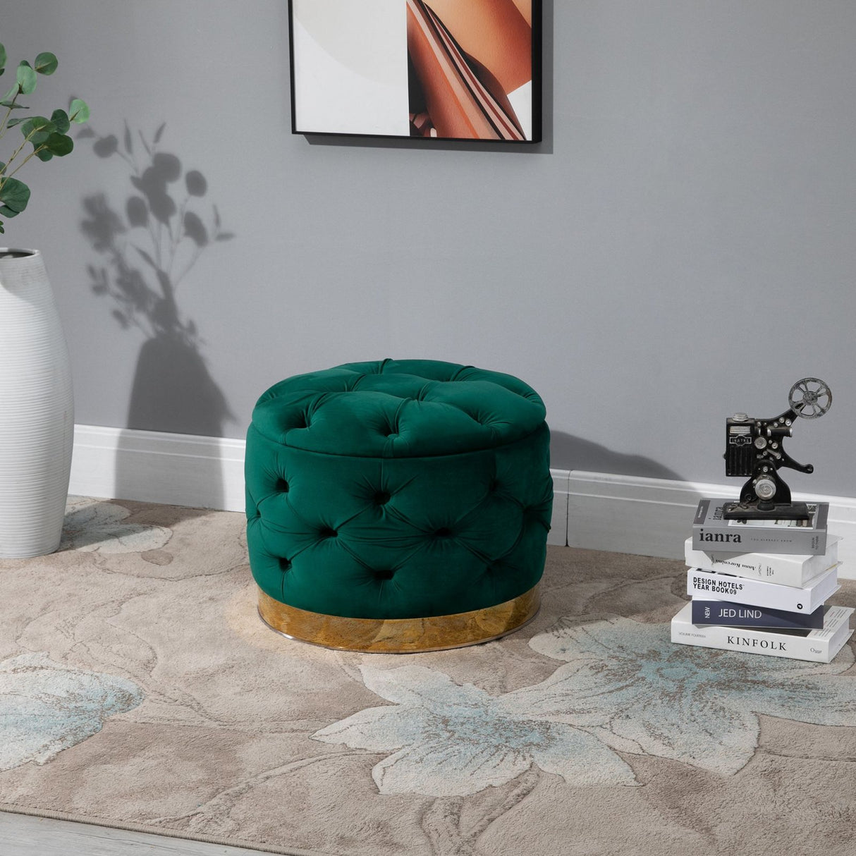 easycomfort easycomfort pouf rotondo con vano contenitore e coperchio rimovibile in velluto verde con effetto trapuntato e base oro ean 8055776912394